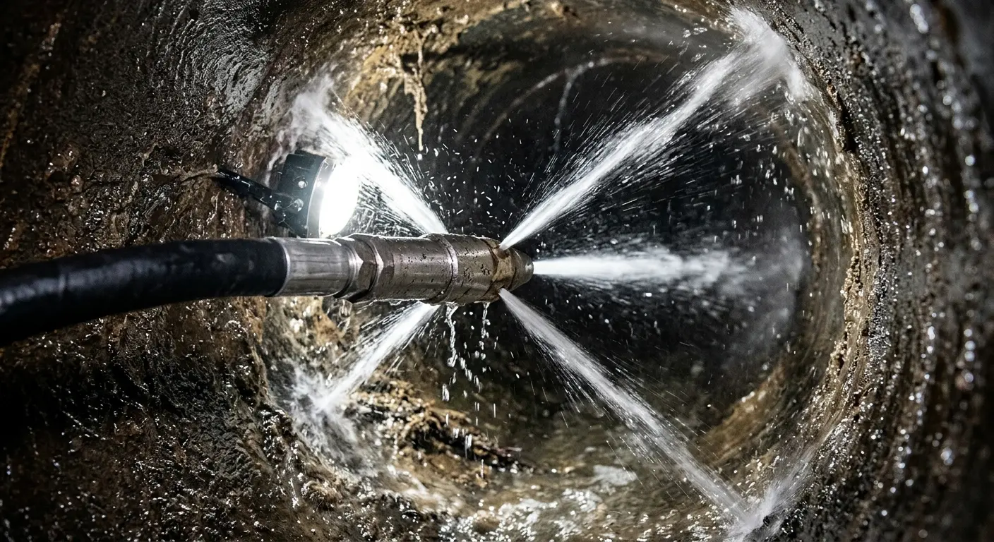 High-pressure hydro jetting nozzle cleaning sewer pipe for Trenchless Sewer Repair in Colonie