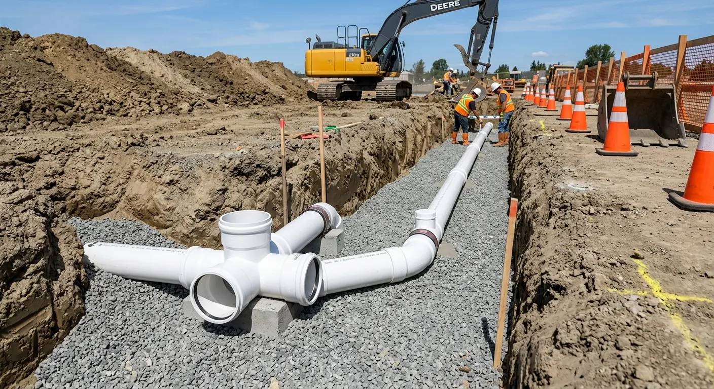 New PVC sewer pipe installation in open trench for Commercial Drain Cleaning in Colonie