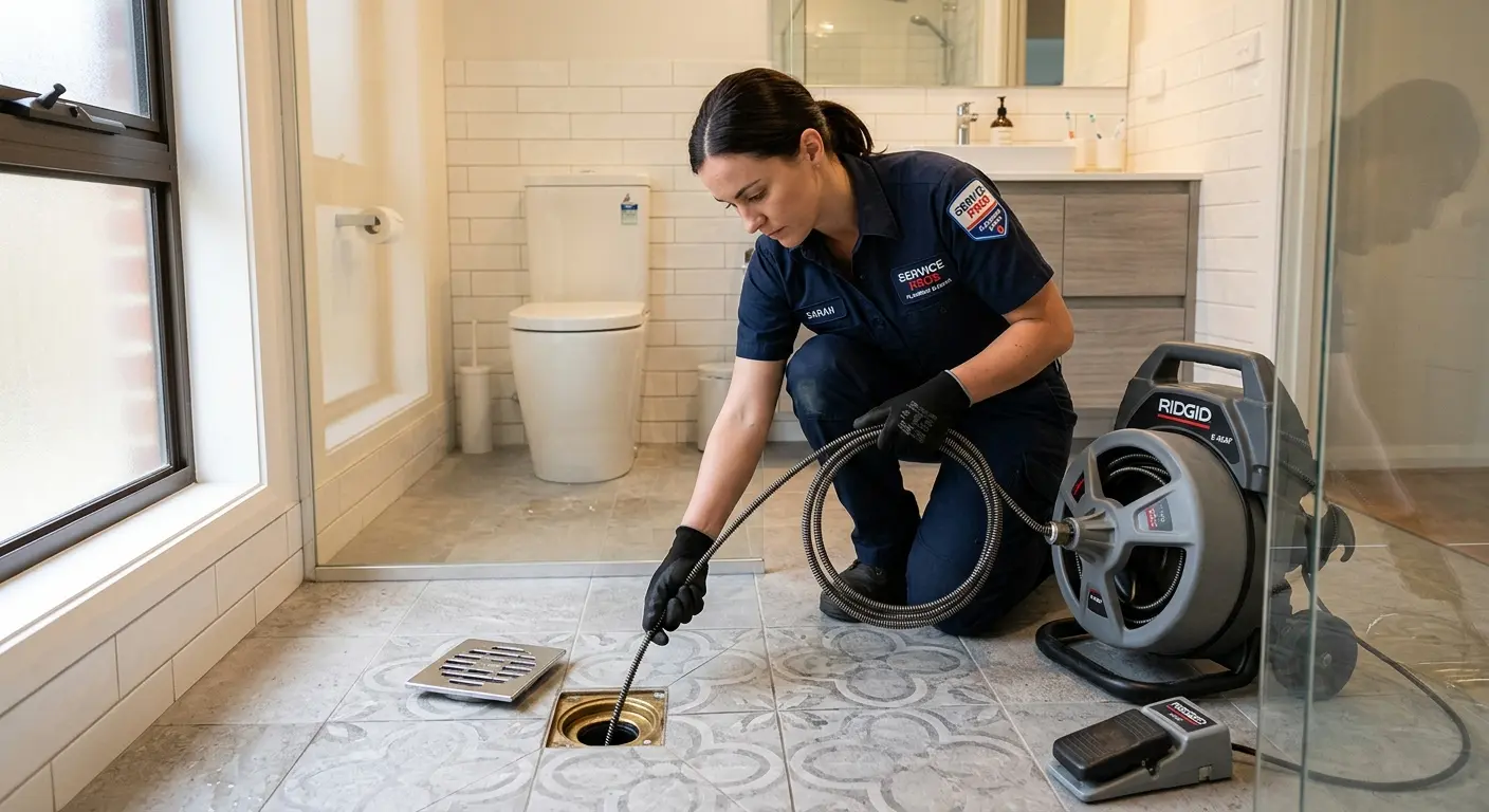 Technician clearing a bathroom floor drain for Drain Cleaning in Colonie